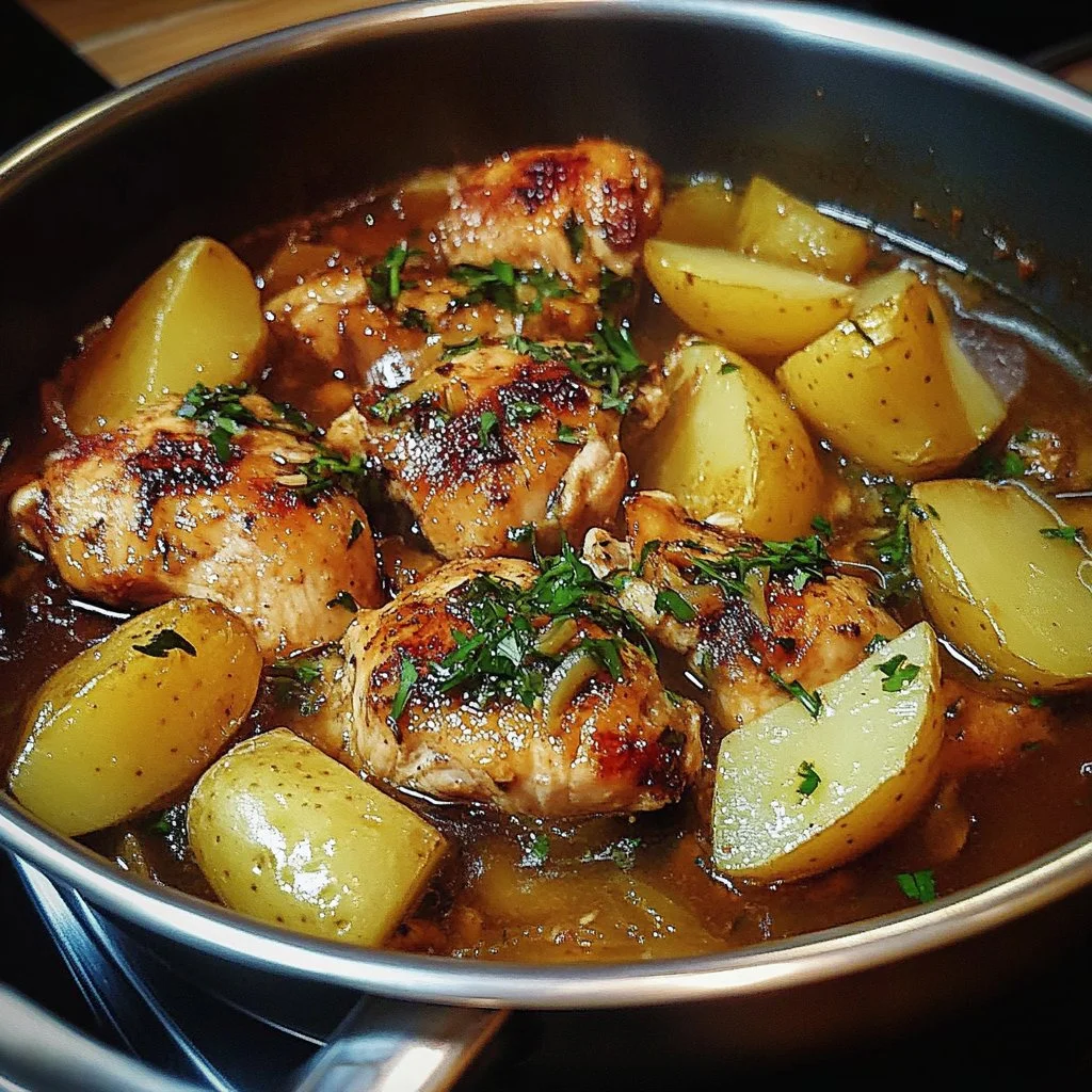 Pollo al Limón Griego servido con papas doradas en un plato.