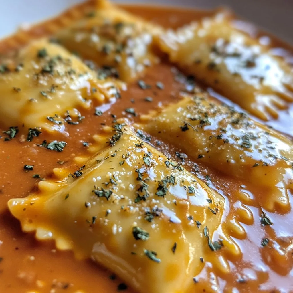 Ravioles Toscano Cremosos servidos en un plato con salsa y hierbas frescas.