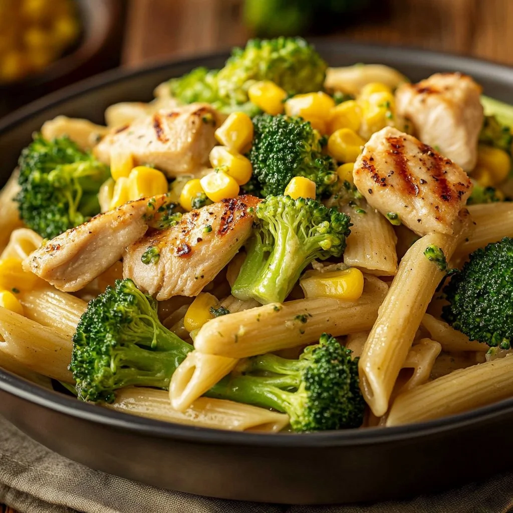 Plato de pasta con pollo, brócoli y maíz dulce, receta fácil y deliciosa