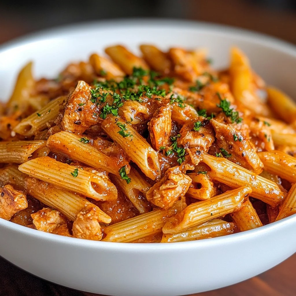 Pasta de pollo chipotle picante servida en un plato con guarniciones