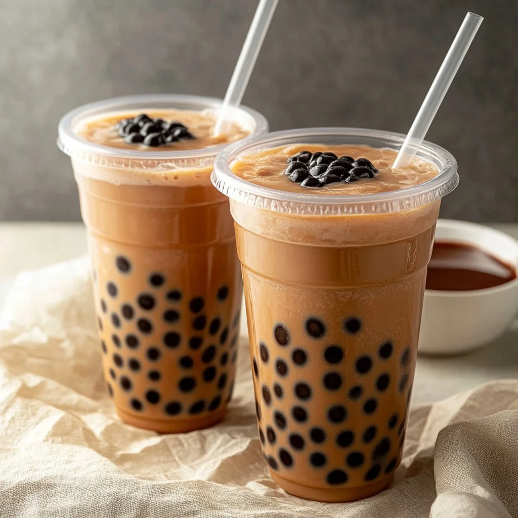 Té de leche con boba preparado en un vaso transparente