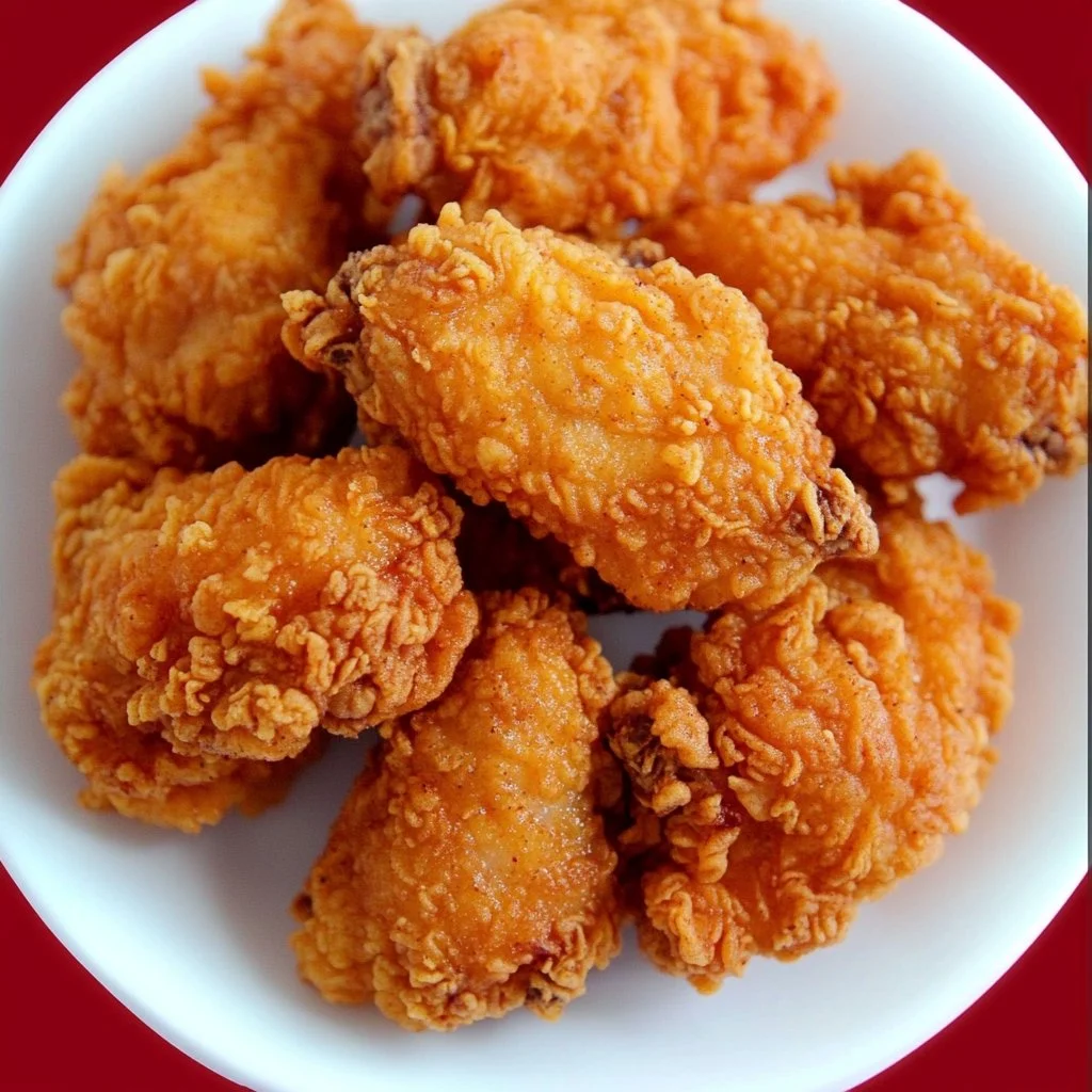 Pollo frito crujiente estilo KFC servido en un plato.