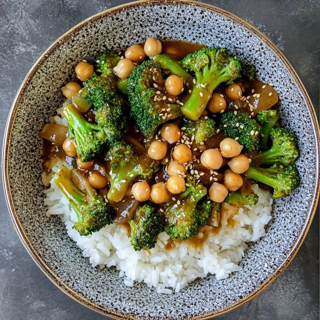 Salteado de brócoli con garbanzos en un plato colorido y apetitoso