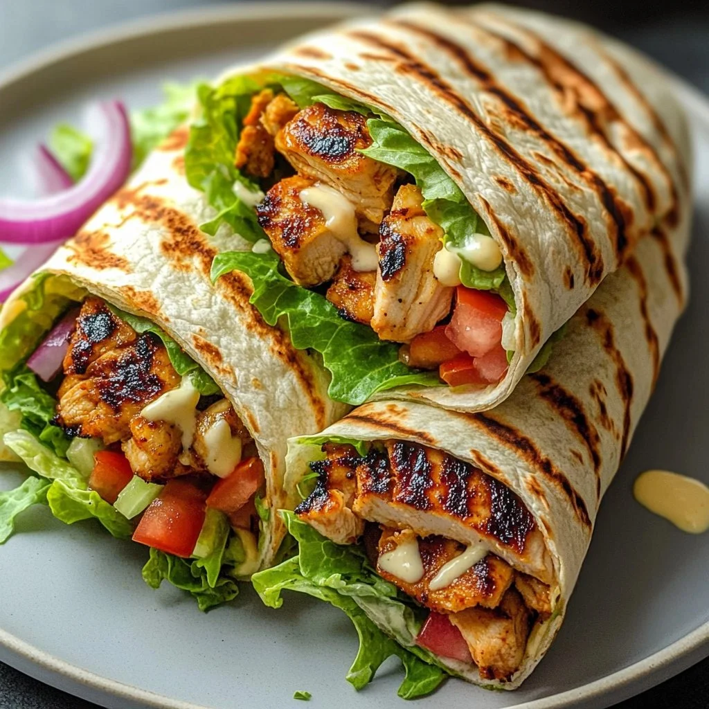 Plato de Shawarma de Pollo con Salsa de Ajo Cremosa, delicioso y tentador.