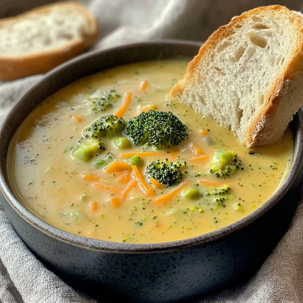 Plato de Sopa de Brócoli y Cheddar caliente en un tazón