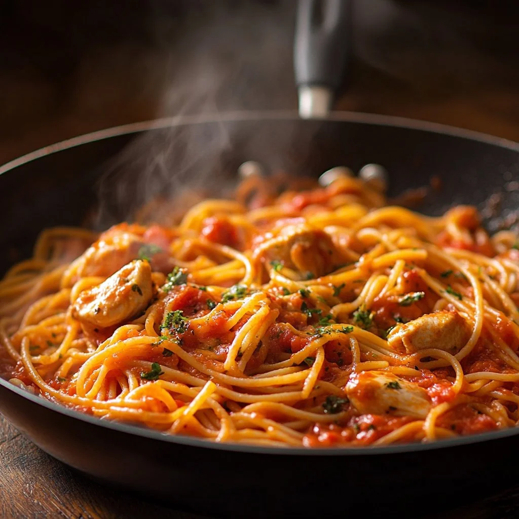 Plato de spagueti de pollo cocinado en una sola olla