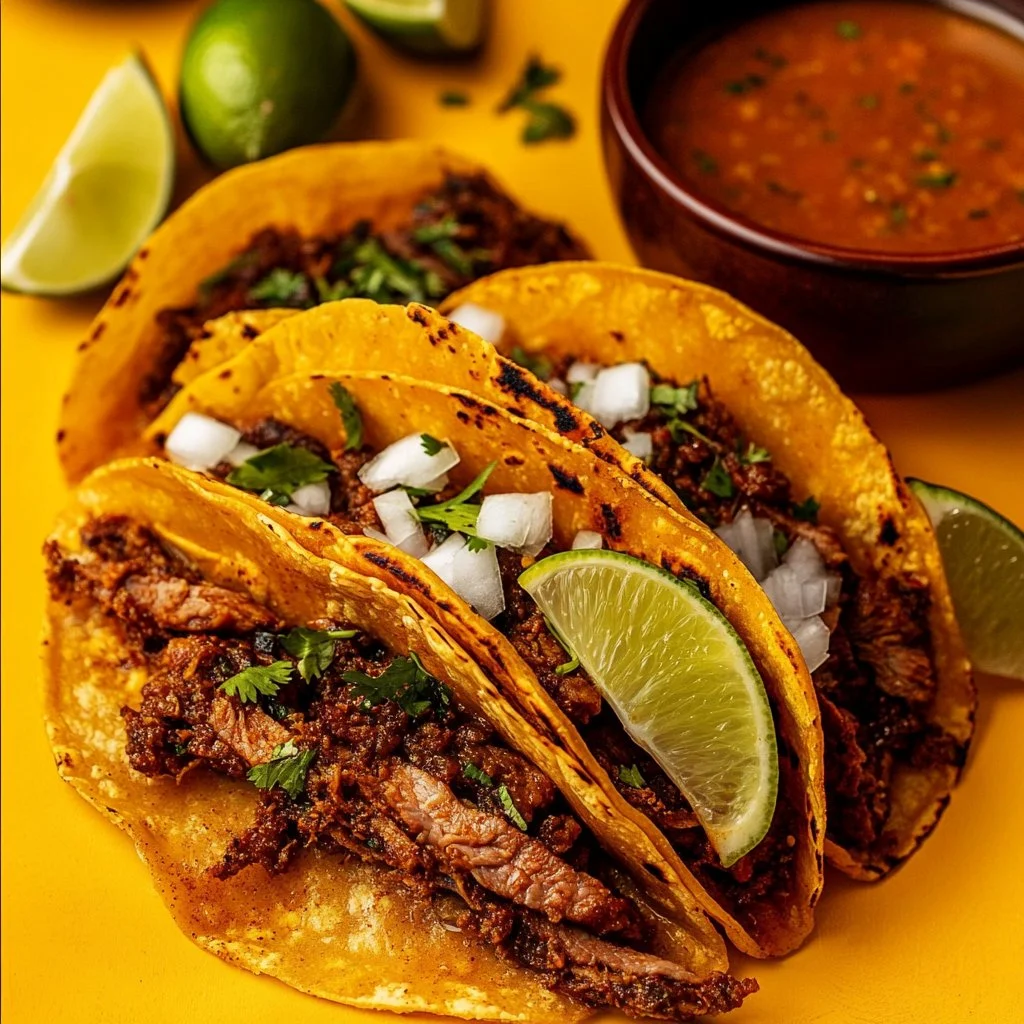 Deliciosos tacos de birria servidos con consomé y cebolla morada