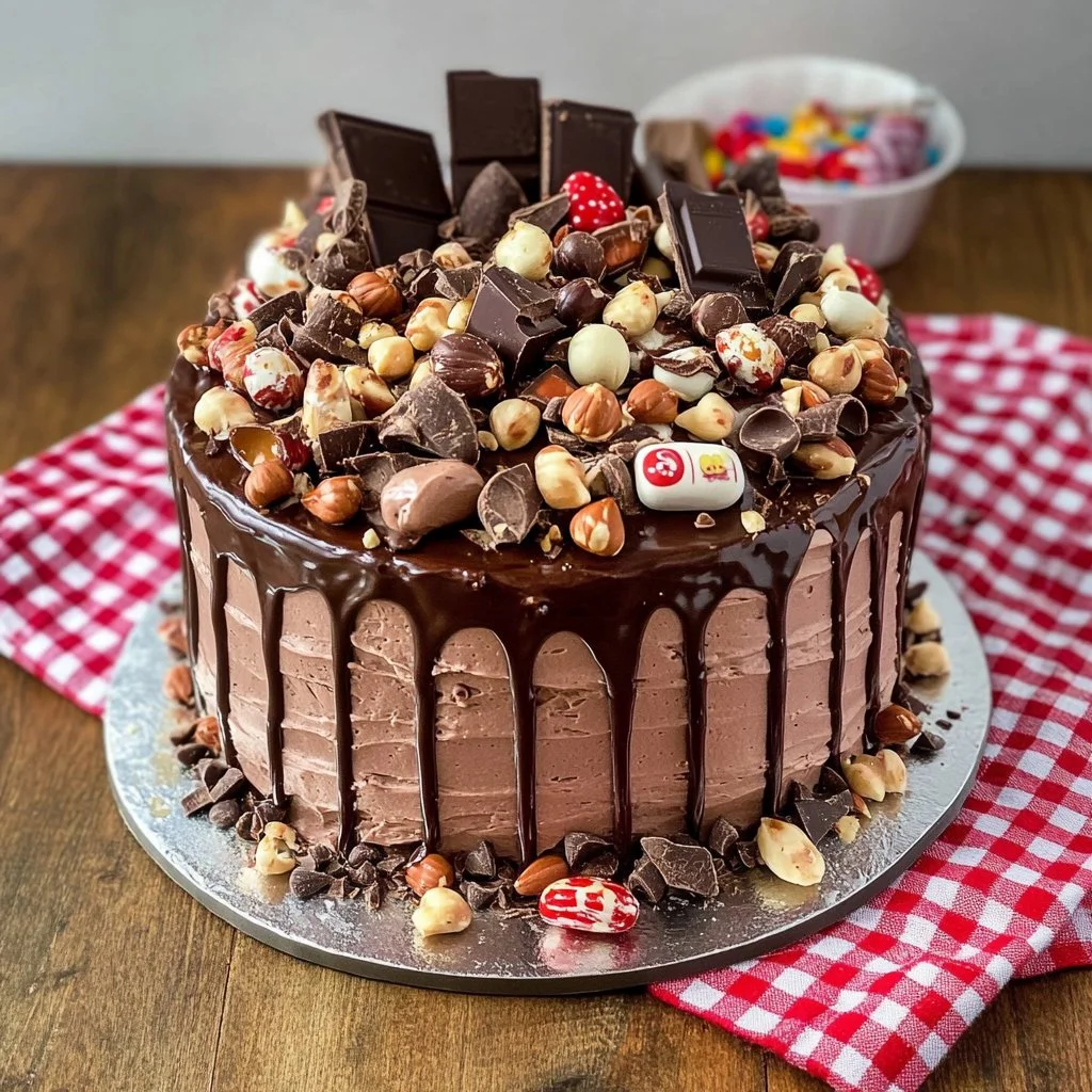 Tarta de Avellana Kinder Bueno decorada con avellanas y chocolate