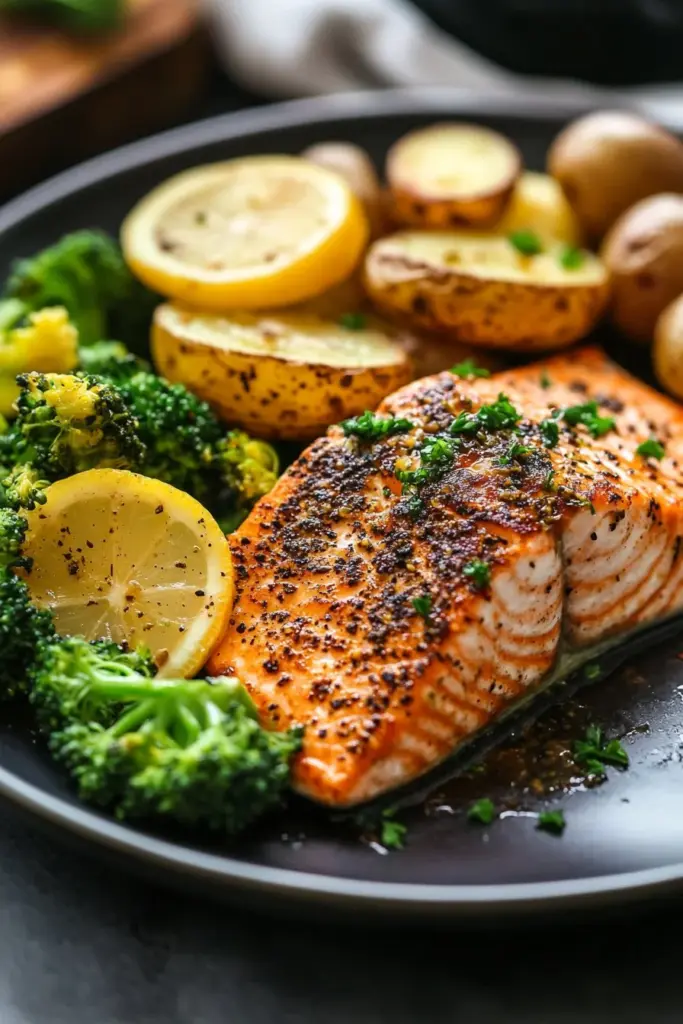 Lemon Butter Salmon with Crispy Potatoes and Broccoli