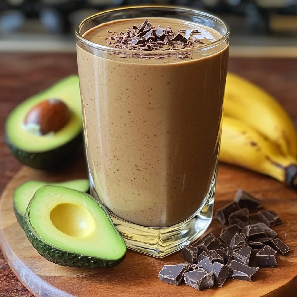 Chocolate avocado banana smoothie topped with cocoa and banana slices