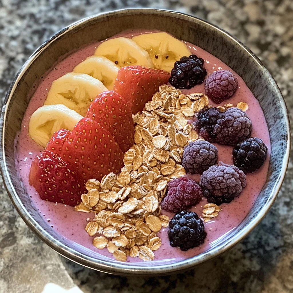 Colorful fruit smoothie bowl topped with Greek yogurt and fresh fruits