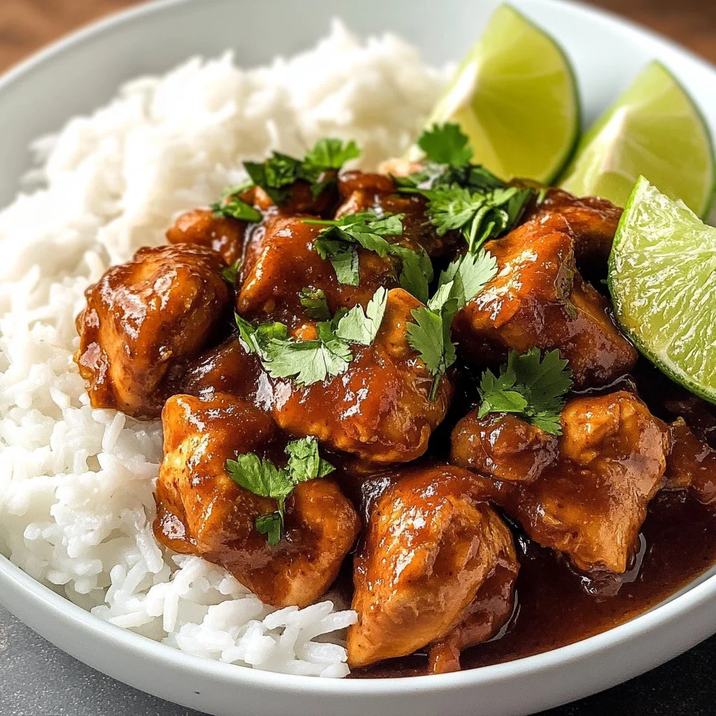 Plato de Adobo de Pollo Mexicano servido con arroz y verduras.