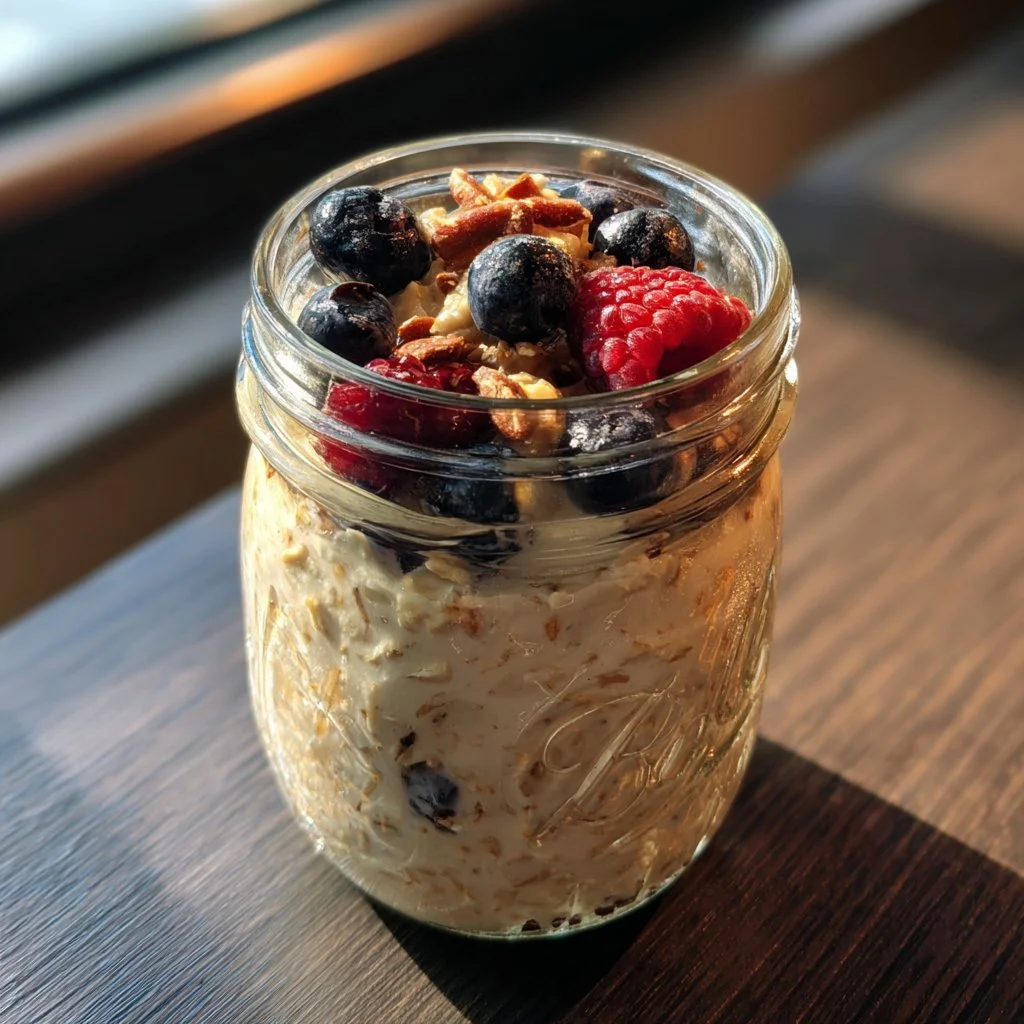 Tazón de avena nocturna alta en proteínas con frutas y nueces