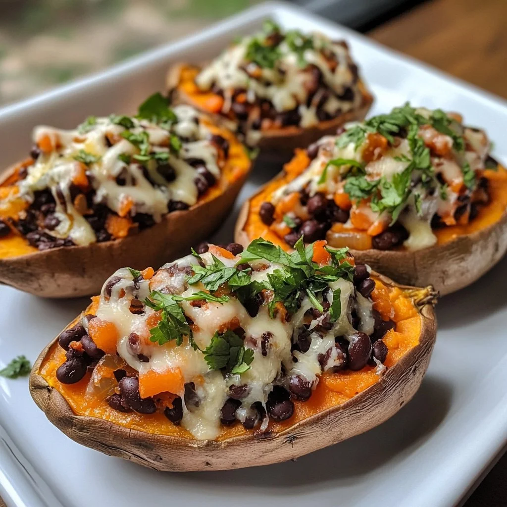 Batatas rellenas de frijoles negros veganas en un plato