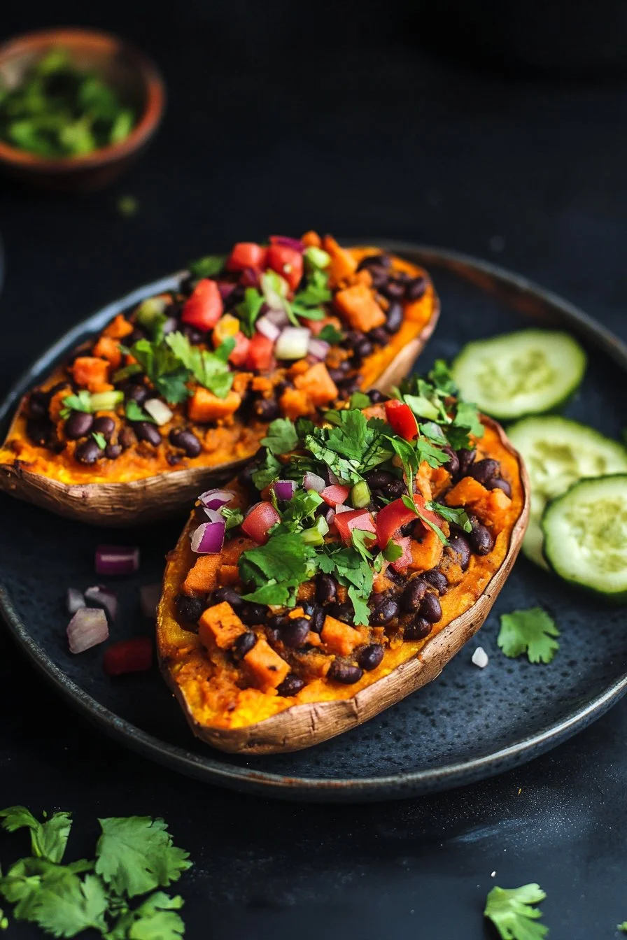 Batatas Rellenas de Frijoles Negros (Veganas)
