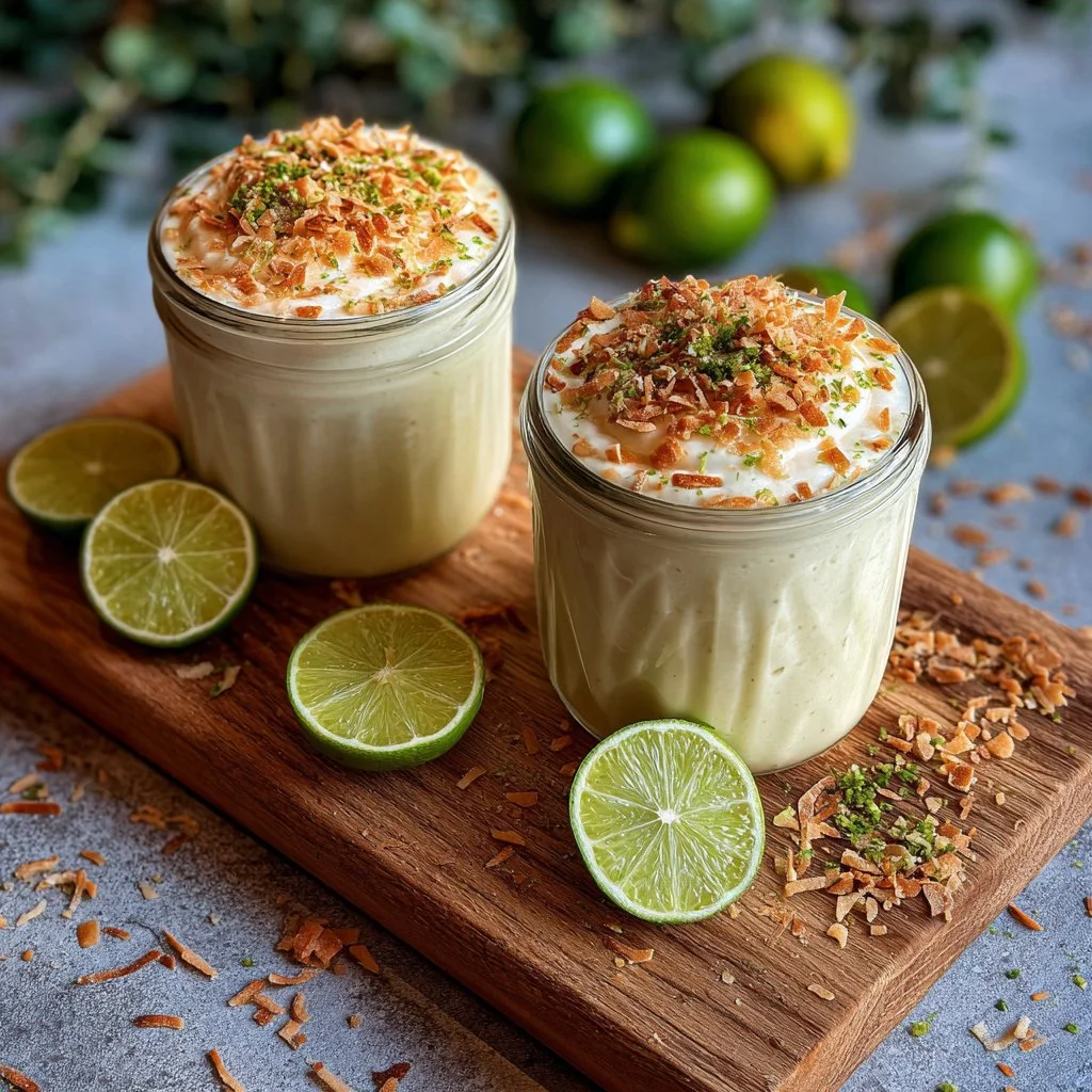 Batido de pastel de lima y coco en un vaso decorativo