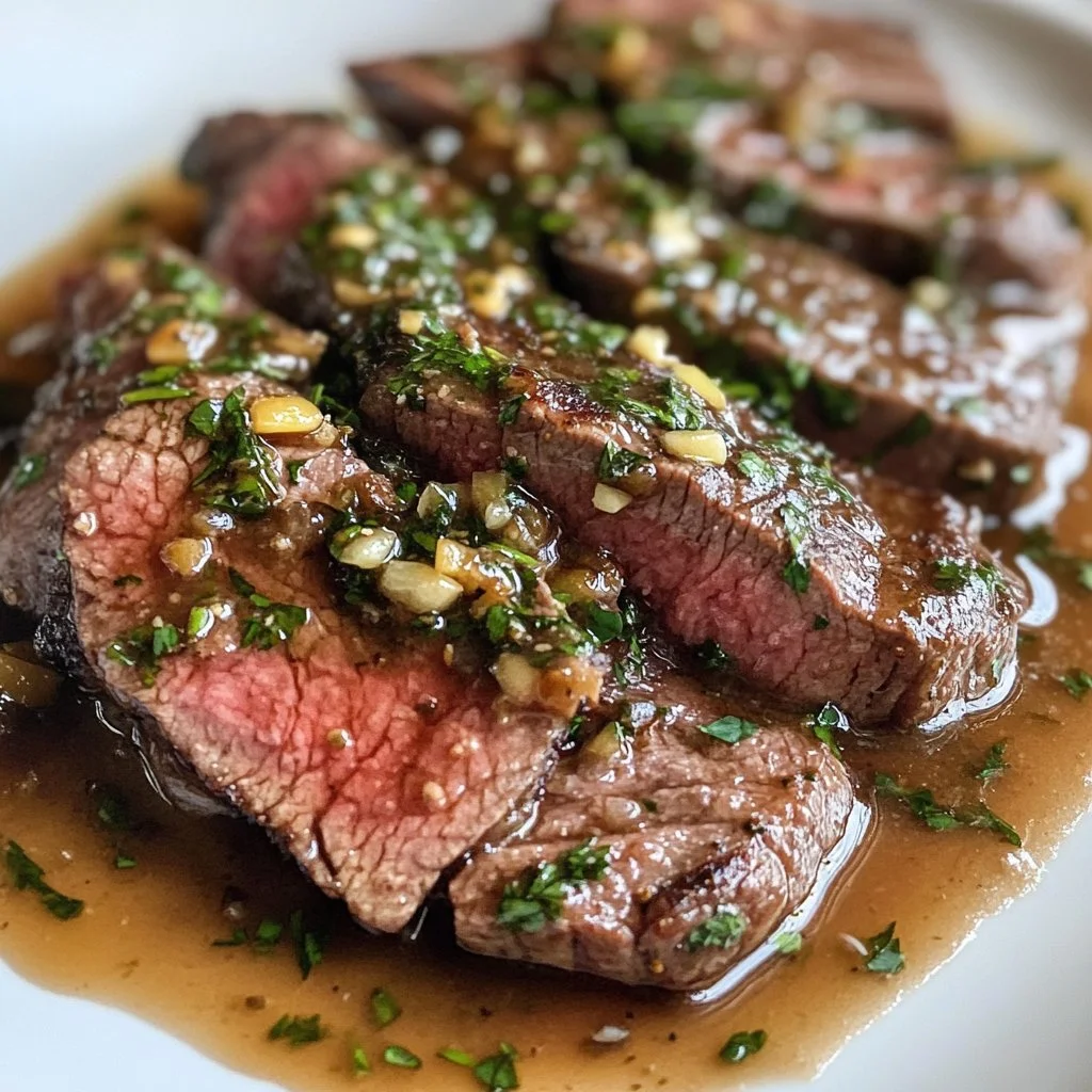 Bavette steak topped with roasted garlic pan sauce on a plate.