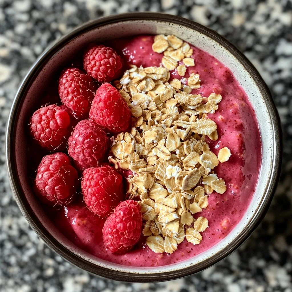 Bowl of blended raspberry oats with fresh raspberries and oats