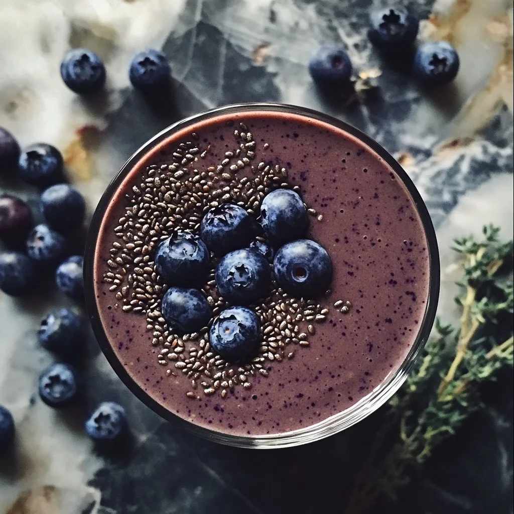 Delicious Blueberry Cacao Smoothie with flaxseed topping