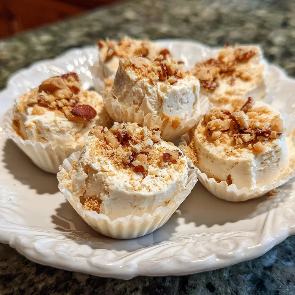 Bocados de yogur griego congelado con mantequilla de cacahuate en un plato