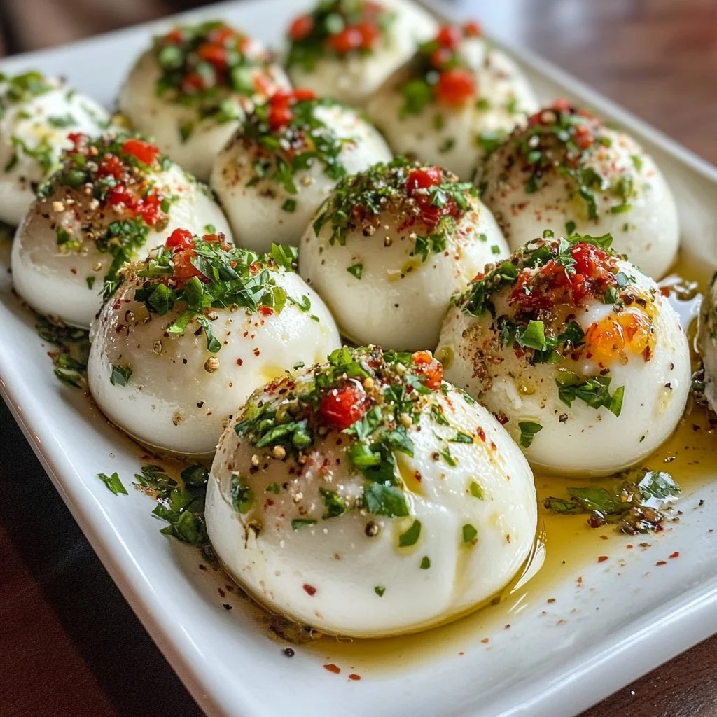 Deliciosas bolas de burrata servidas en un plato elegante.