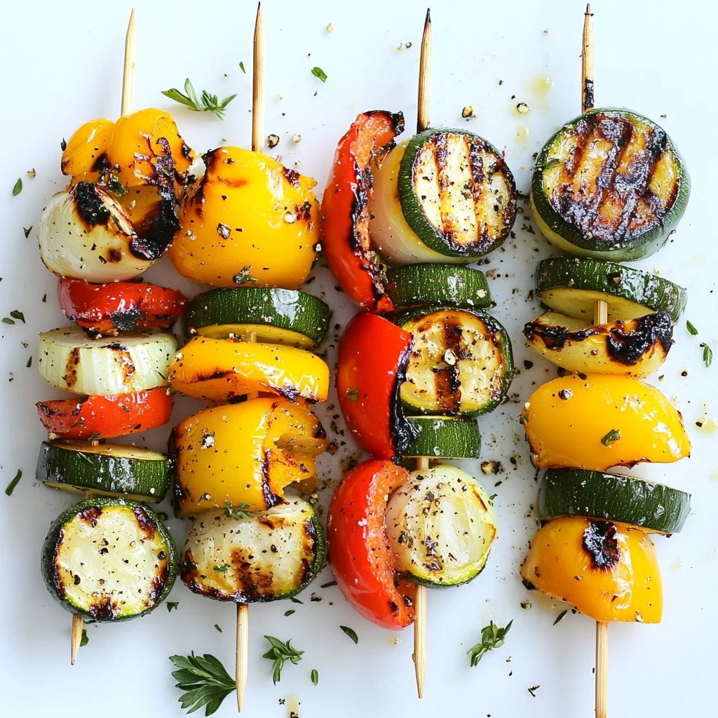 Brochetas de verduras asadas en la parrilla, coloridas y saludables.