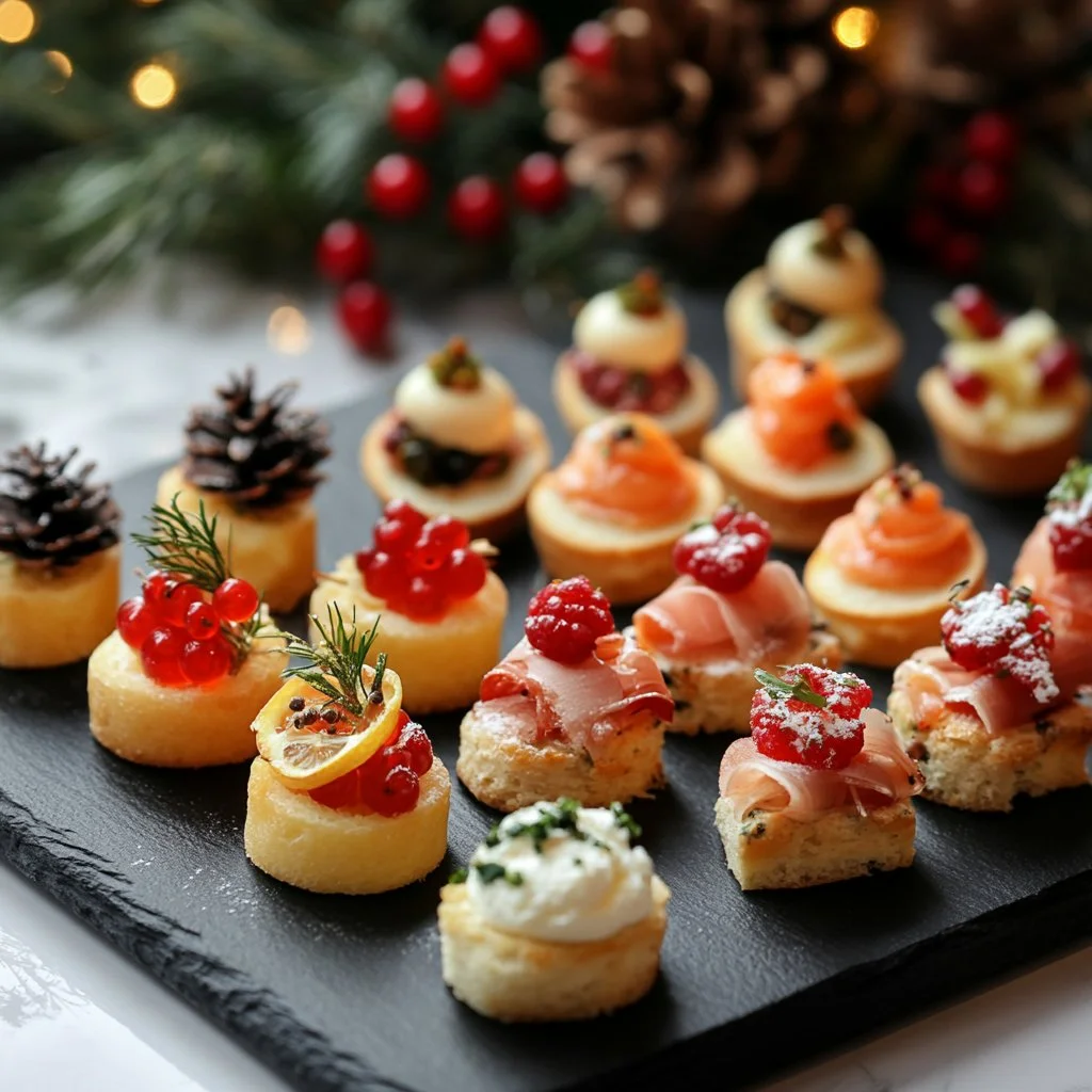 Festively arranged canapés for a Christmas celebration.