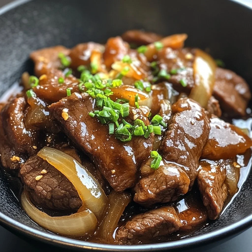 Carne de res salteada con cebollas, un plato sabroso y atractivo.