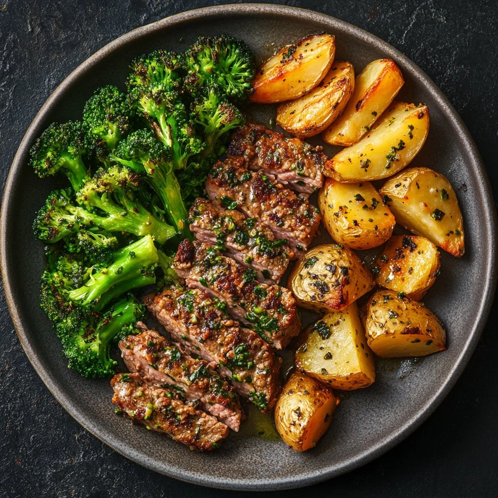 Plato de carne molida con papas asadas y brócoli al vapor, comida casera deliciosa.