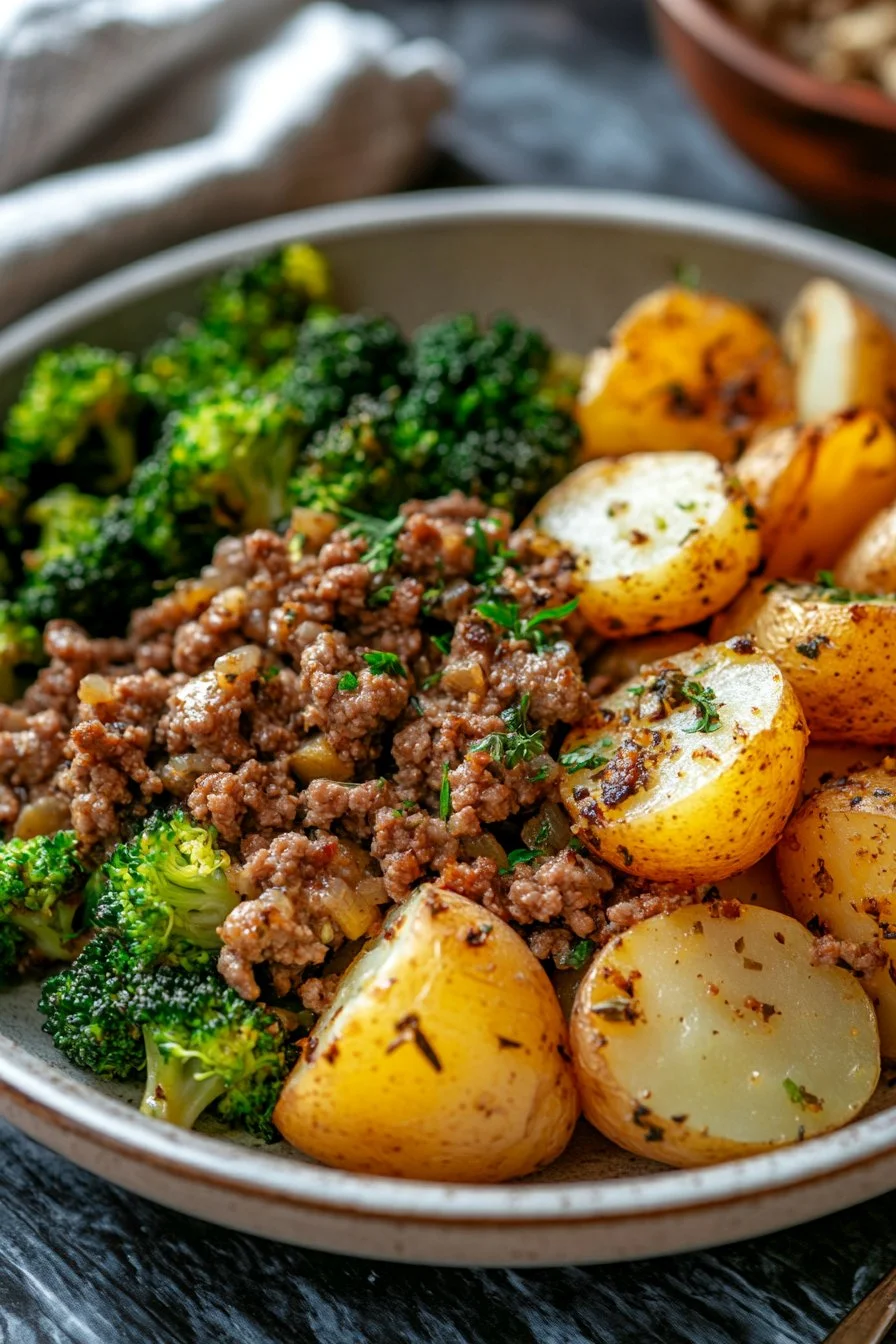 Carne Molida Sabrosa con Papas Asadas con Hierbas y Brócoli al Vapor