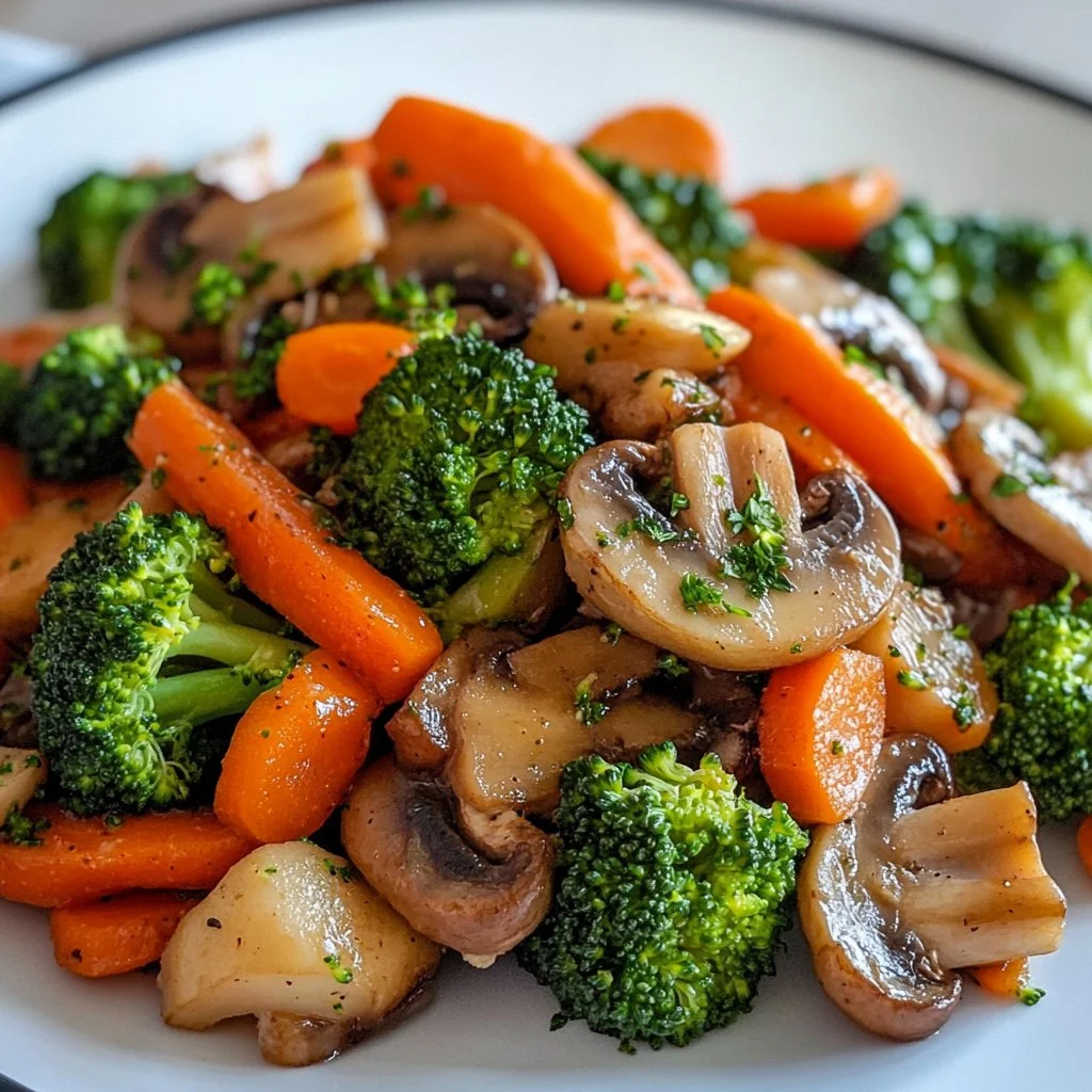 Plato de champiñones brócoli salteados con ajo y especias.