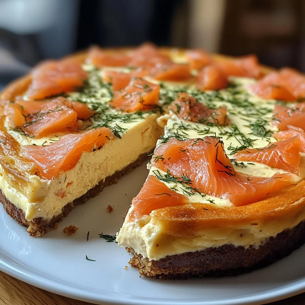 Cheesecake salado de salmón ahumado decorado con hierbas frescas.