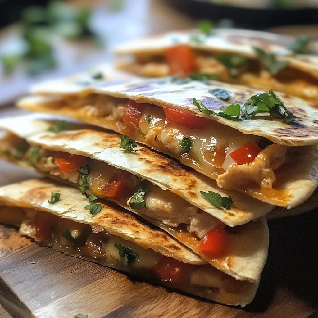 Mouthwatering Chicken Quesadillas with cheese and vegetables on a plate