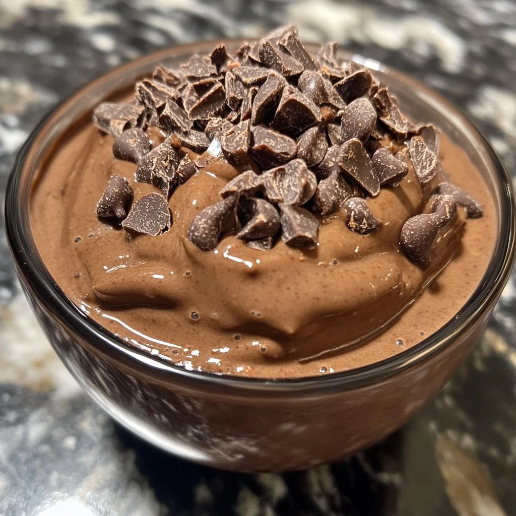 Chocolate Protein Pudding in a bowl, garnished with chocolate shavings and berries.