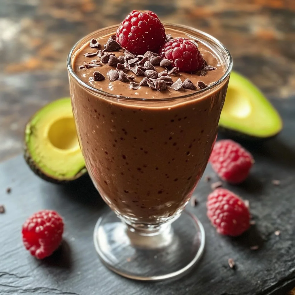 Chocolate Raspberry Smoothie with Avocado in a glass, garnished with raspberries.
