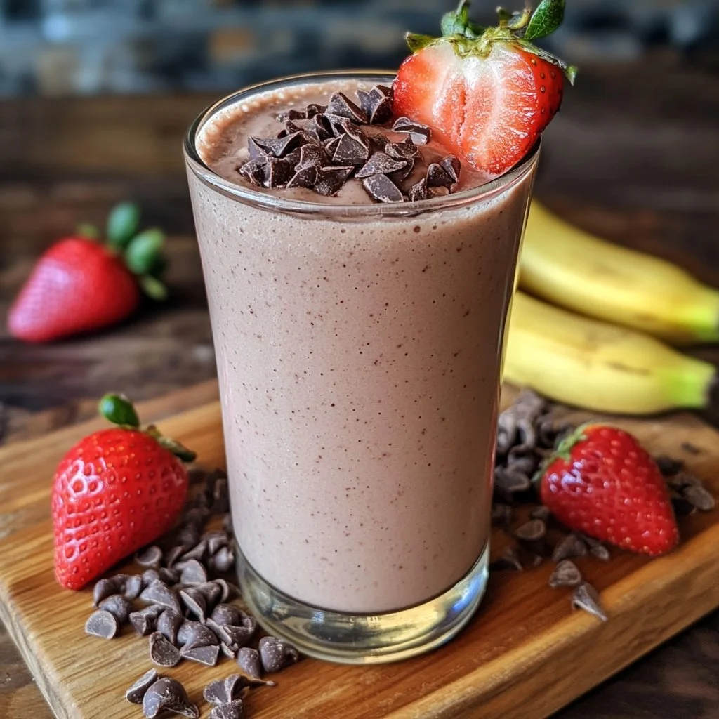 Chocolate strawberry banana smoothie in a glass with fresh fruits