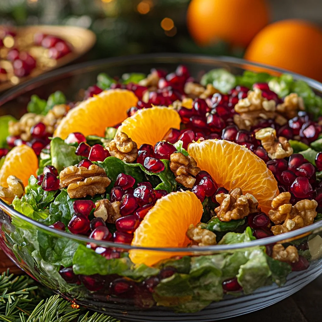 A colorful Christmas Salad with festive ingredients and toppings.