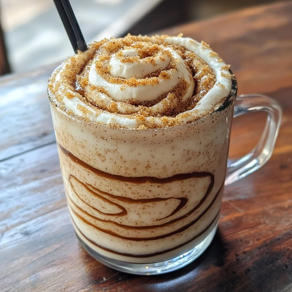 Cinnamon Roll Protein Latte with creamy texture and cinnamon sprinkle on top