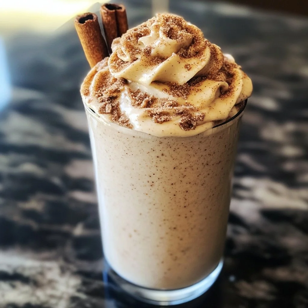 Cinnamon Roll Protein Shake in a glass topped with cinnamon and frosting drizzles