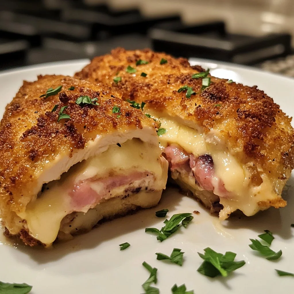 Plate of classic Chicken Cordon Bleu with crispy chicken and melted cheese