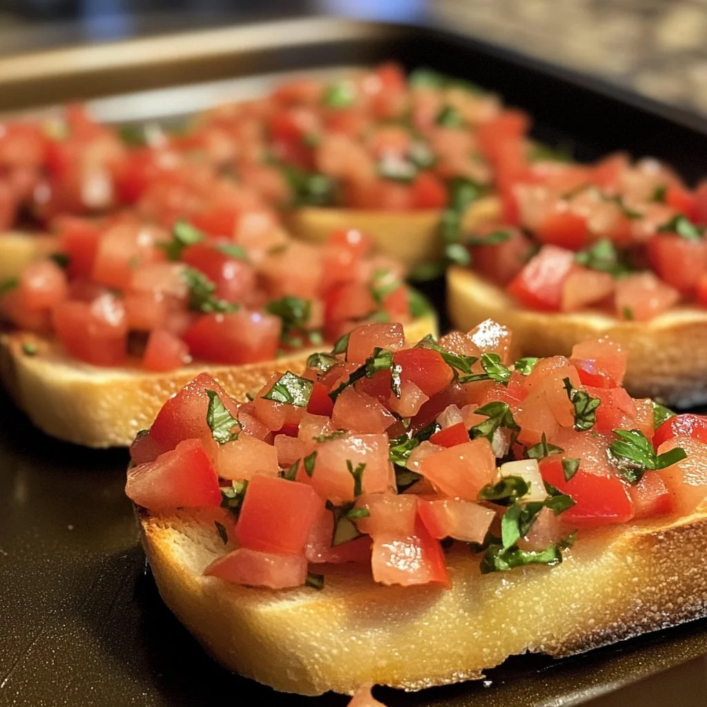 Plate of Classic Italian Bruschetta topped with fresh tomatoes and basil.