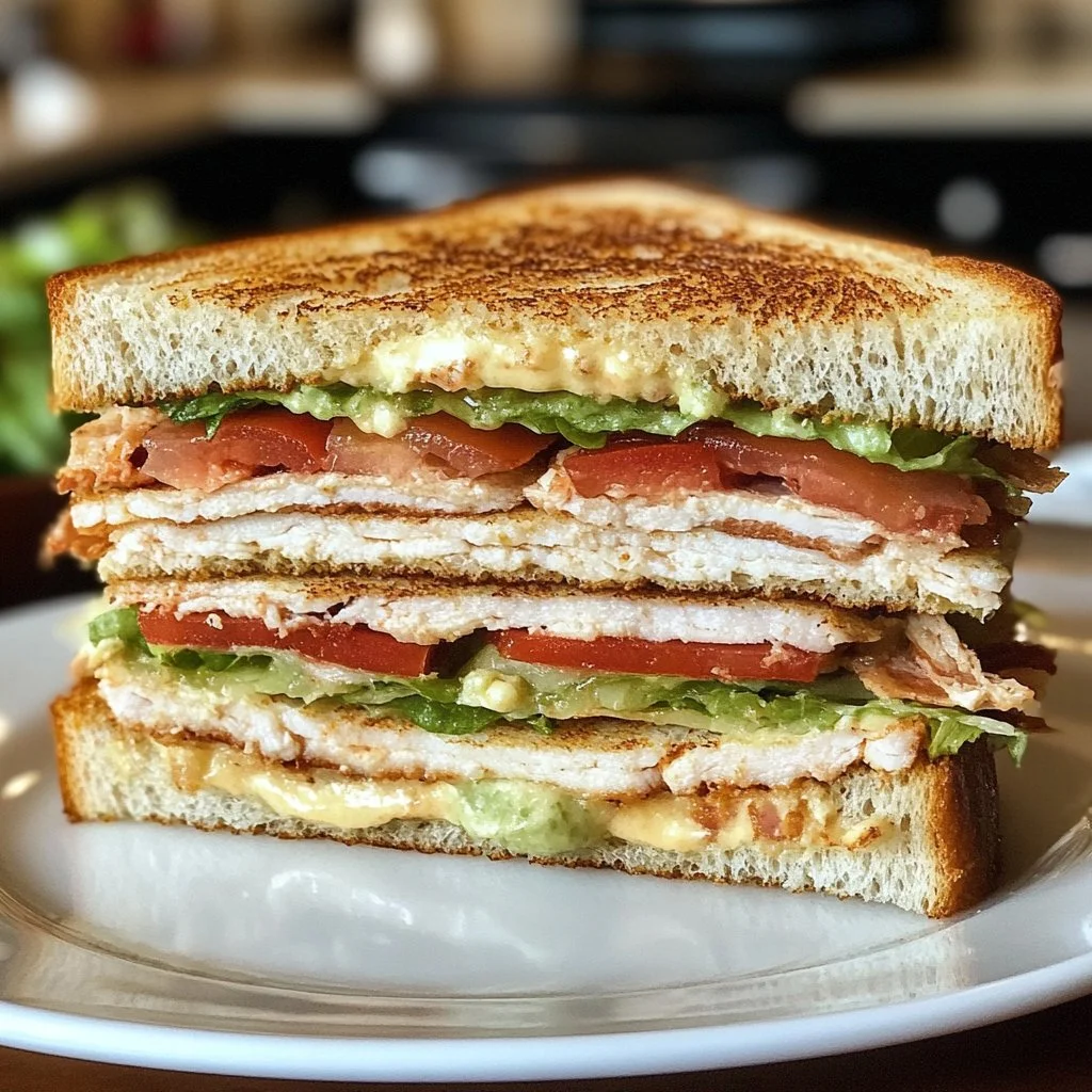 Delicioso Club Sándwich con pollo, lechuga y tomate en un plato.