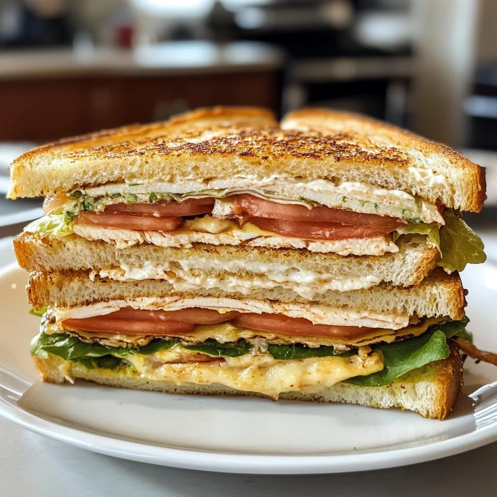 Deliciously stacked club sandwich with layers of turkey, bacon, and fresh veggies