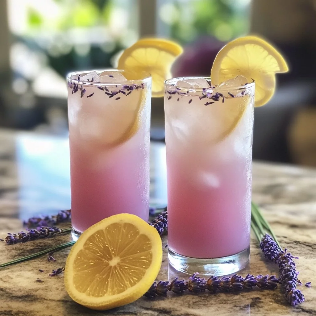 Refreshing Coconut Lavender Lemonade mocktail served in a glass with ice and lavender flowers