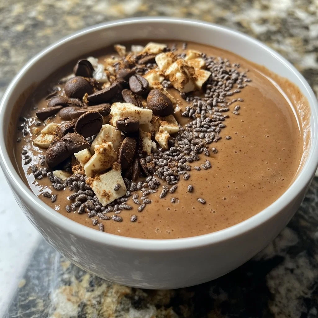 Coffee protein smoothie bowl topped with fruits and nuts