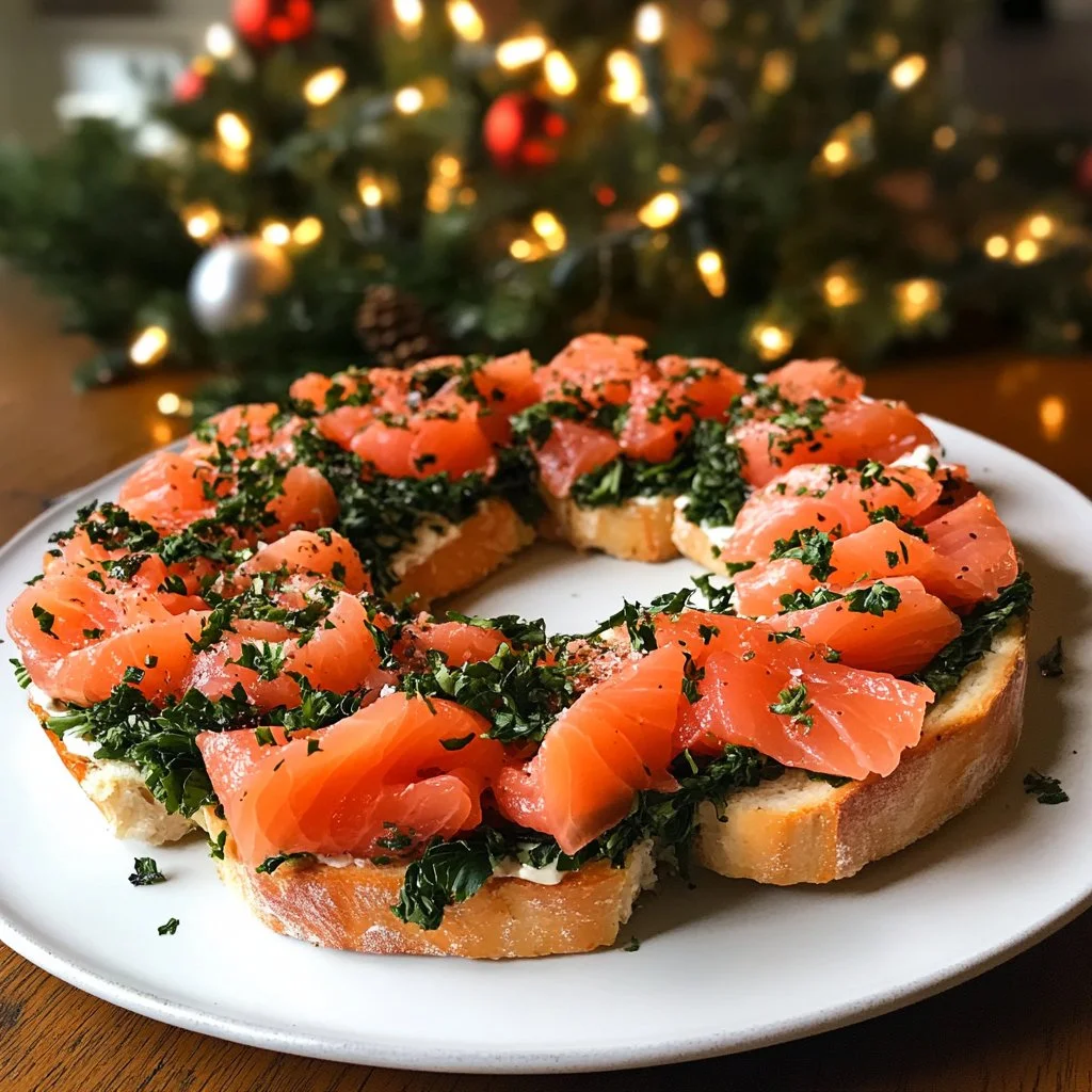Corona de Bruschetta de Salmón Ahumado decorativa y festiva para Navidad