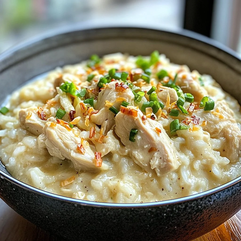 Creamy chicken rice dish served in a bowl with vegetables.