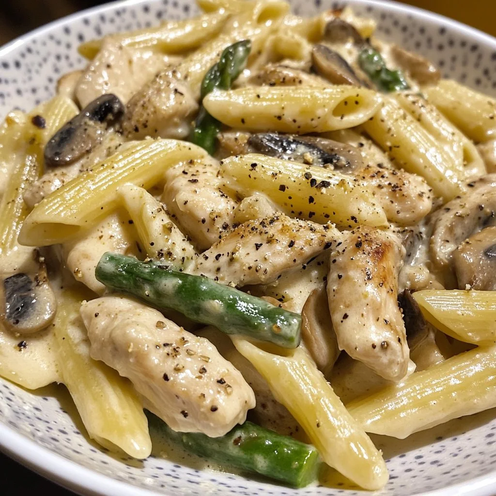 Creamy mushroom and asparagus chicken penne served in a bowl with parsley garnish.