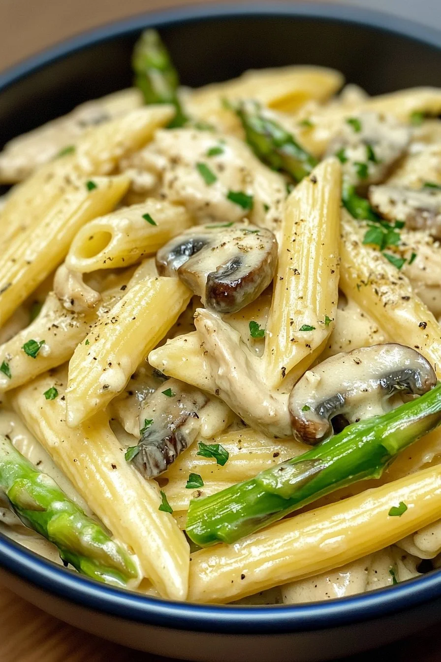 Creamy Mushroom and Asparagus Chicken Penne