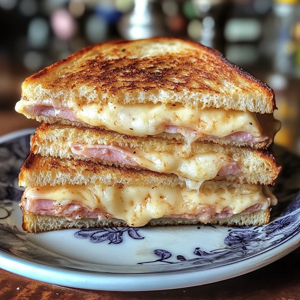 Croque Monsieur: Sándwich clásico francés de jamón y queso en un plato.